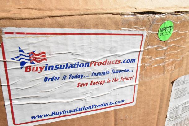 Cardboard box with BuyInsulationProducts.com label, green inspection sticker, and visible wear, containing rolls of material.