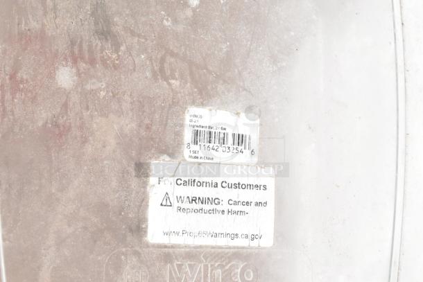 2 white poly ingredient bins on commercial casters, 21-gallon capacity, Winco brand, used condition, with warning label.