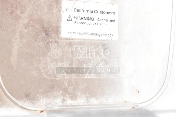 Two white Winco poly ingredient bins on commercial casters, lightly used, marked with NSF and recycling symbols, IB-21 model.