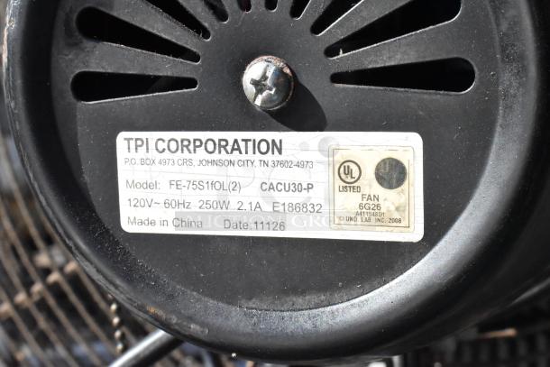 TPI FE-75S1fOL metal fan label, 120V, 60Hz, 250W, UL listed, model details visible.