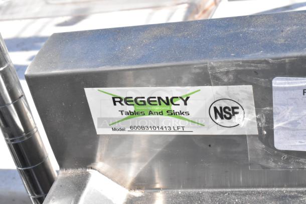 Regency 600B3101413LFT 3 bay stainless steel sink, left drain board, NSF label visible, commercial use.