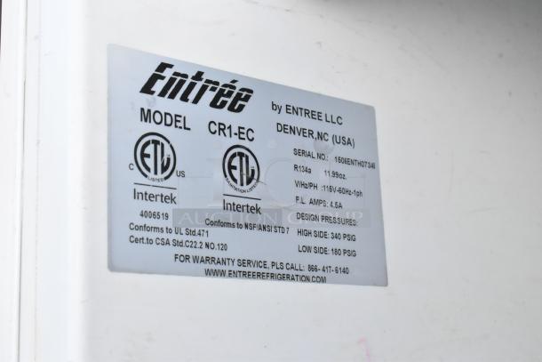 Entree CR1-EC Cooler label showing model details, voltage (115V, 1 phase), and certification info.