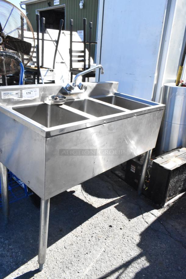 Stainless steel 3 bay sink with glass washer, Prepline brand, includes faucet, used condition, visible NSF certification tag.