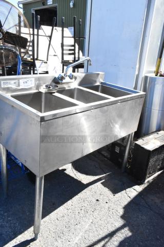 Stainless steel 3 bay sink with glass washer, Prepline brand, includes faucet, used condition, visible NSF certification tag.