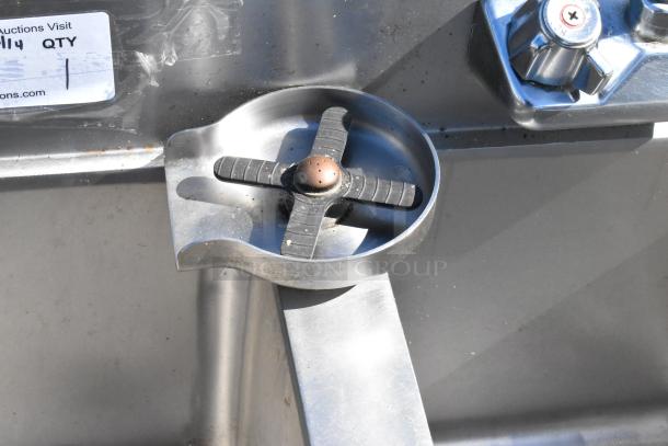Stainless steel 3 bay sink with glass washer, includes control knob and label, showing durable construction and functionality.