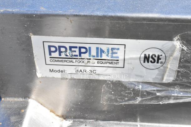 Prepline Stainless Steel 3 Bay Sink with Glass Washer, model BAR-3C, NSF certified, some visible wear.