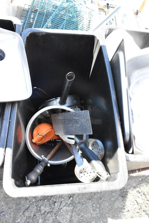 Three black Poly Slim Jim trash cans containing assorted kitchen utensils and tools, fair condition.