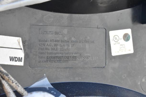 Kaz Inc. HT-900 Series label, 120V A.C., 60Hz, 0.6A, shows UL listed mark. Made in China. Part No. 30LBT900UA0.