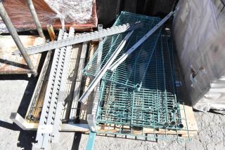 Pallet lot with metal dunnage rack components and wire shelves, assorted condition, ready for assembly or use.