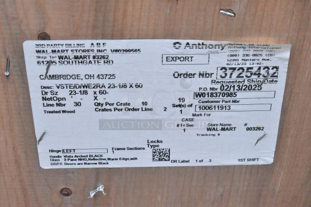 Brand new in crate, 10 Anthony 23-1/8"x60" doors, left hinge, black handle, 2-pane reflective glass with warm edge.