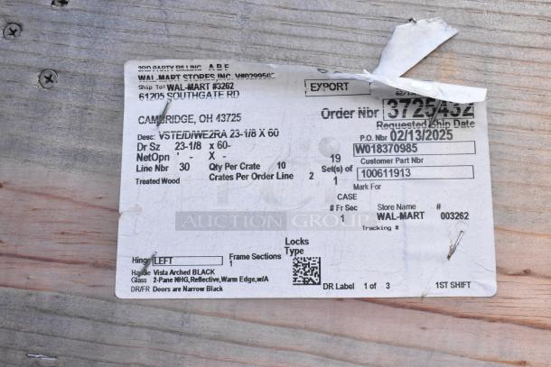 Alt text: Label on wood crate for Anthony doors, size 23-1/8"x60", treated wood, Vista Arched BLACK handle, left hinge.