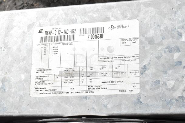 Bally Walk In Box with Copeland M6KP-0112-TAC-072 compressor label detailing specs: 208-230V, 1 Phase.