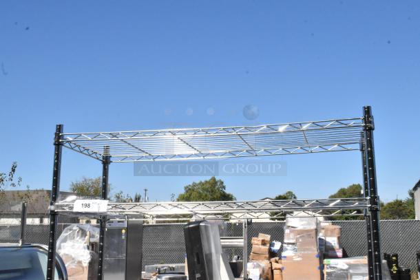 Chrome finish 3-tier wire shelving unit, outdoor setting, sturdy design. Buyer must dismantle. Consider freight charges.