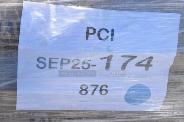 Pallet with label showing "PCI SEP25-174 876," wrapped in plastic. Contains scratch and dent items: table base, towel dispenser.