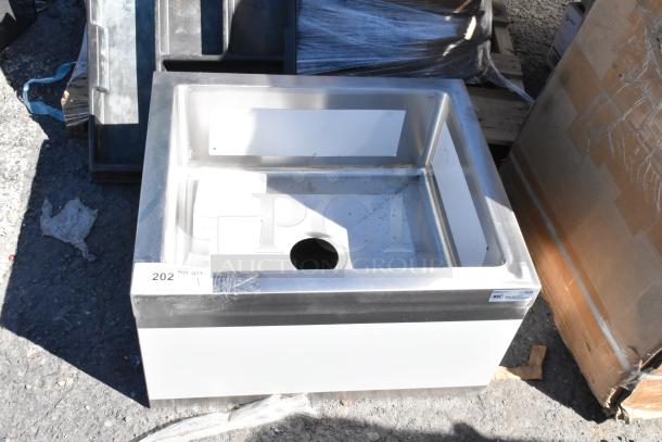 Brand new KoolMore MPS-1922123 stainless steel mop sink, scratch and dent condition, showcasing durability and practicality. Tags indicate NSF certification.