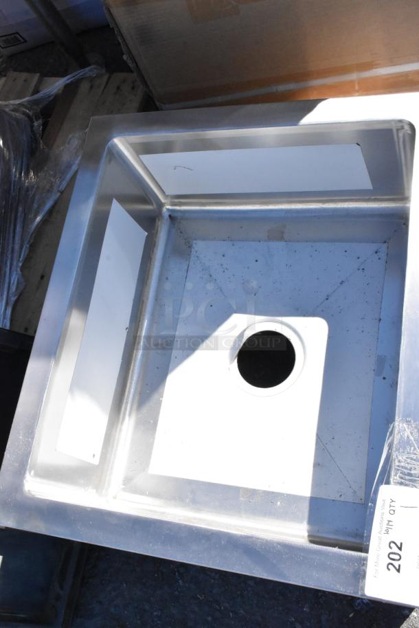 Stainless steel KoolMore MPS-1922123 mop sink, brand new with minor scratches, visible tags, and square basin.