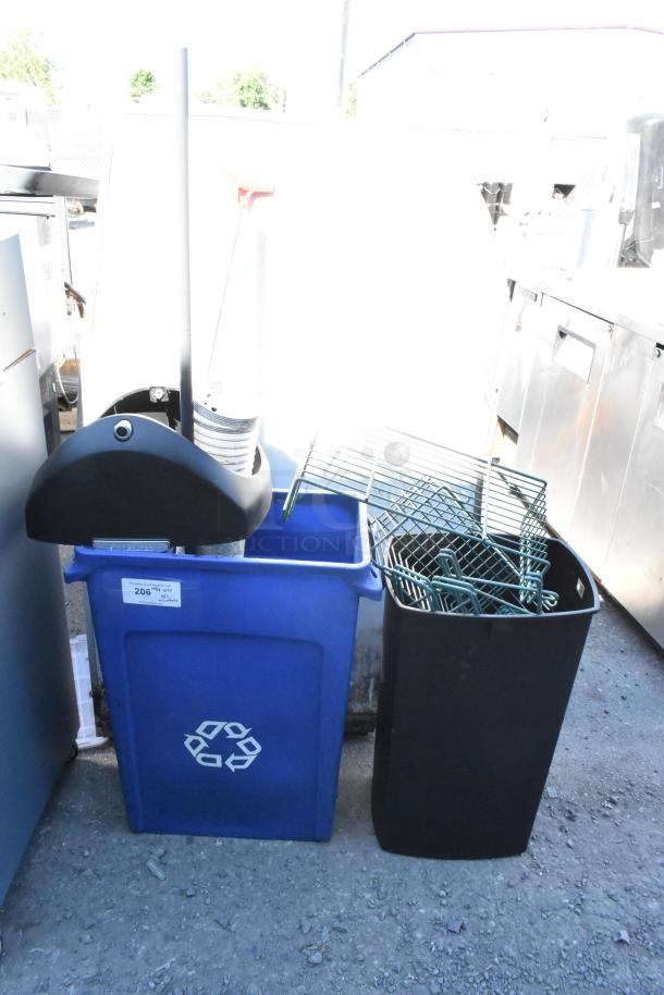Two Poly bins containing wall mount storage unit pieces, including metal racks, labeled for auction, outdoors on gravel.