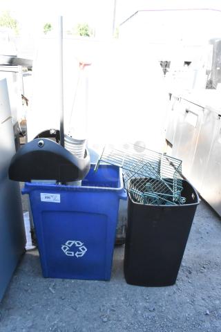 Two Poly bins containing wall mount storage unit pieces, including metal racks, labeled for auction, outdoors on gravel.