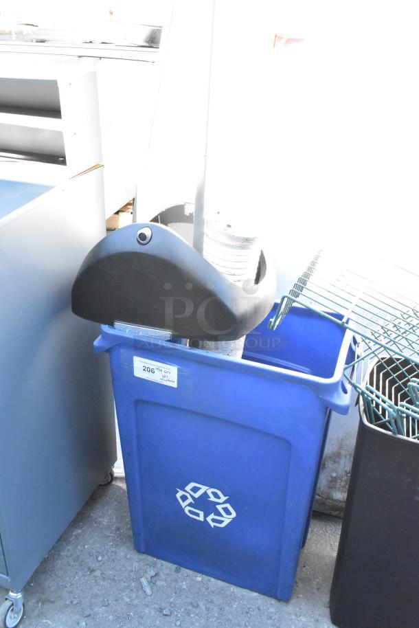 2 blue poly bins containing wall mount storage unit pieces, visible recycling symbol, label reads "206 MN QTY UT."