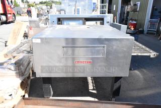 Blodgett stainless steel commercial conveyor pizza oven on casters, electric, 208-240 volts, 3 phase, logo on front.