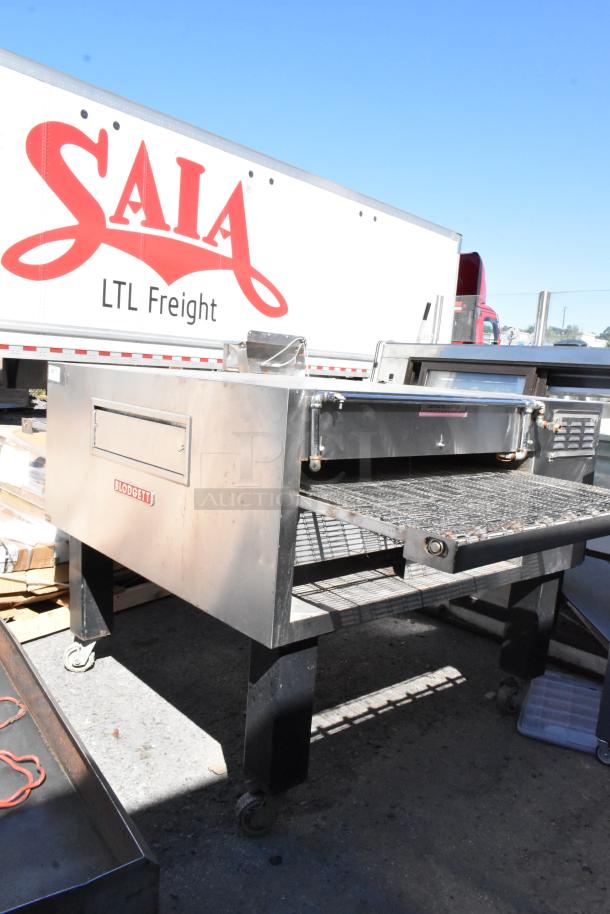 Blodgett stainless steel conveyor pizza oven on casters, electric-powered, 208-240V, 3-phase, commercial use.