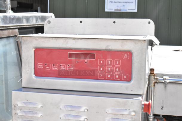 Blodgett stainless steel conveyor pizza oven with digital controls, commercial casters, 208-240V, 3 phase.
