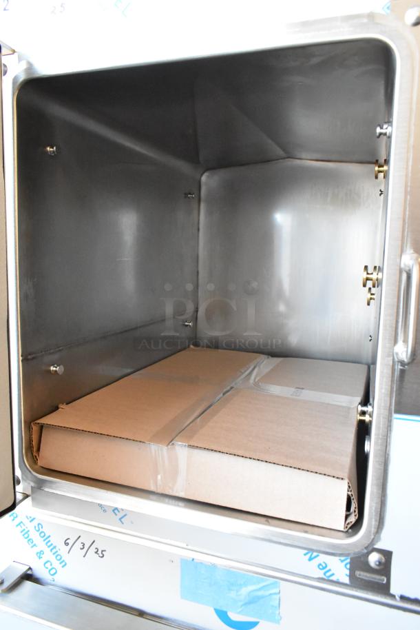 Brand new 2025 Cleveland 24CGA10 SteamCraft Ultra stainless steel 10 pan floor steamer, natural gas, 125,000 BTU, interior view.