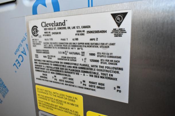 Cleveland 24CGA10 SteamCraft Ultra stainless steel commercial steamer label showing model info; natural gas, 125,000 BTU.