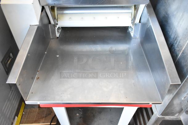 Fleetwood DR-400 Metal Commercial Floor Style Bread Loaf Slicer, 115V, visible stainless steel parts, good condition.