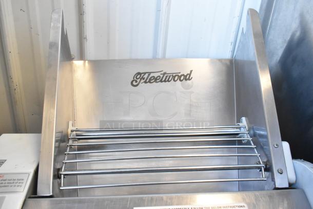 Fleetwood DR-400 metal bread loaf slicer, commercial floor style, 115 volts, 1 phase, visible logo, sturdy construction.