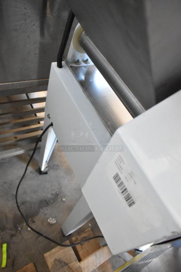 Fleetwood DR-400 Bread Slicer, metal commercial floor model, 115V, 1-phase. Model label visible, used condition.
