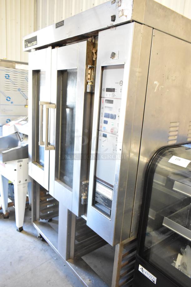 Baxter stainless steel mini rotating rack oven, natural gas, double pan rack, commercial casters, control panel visible.