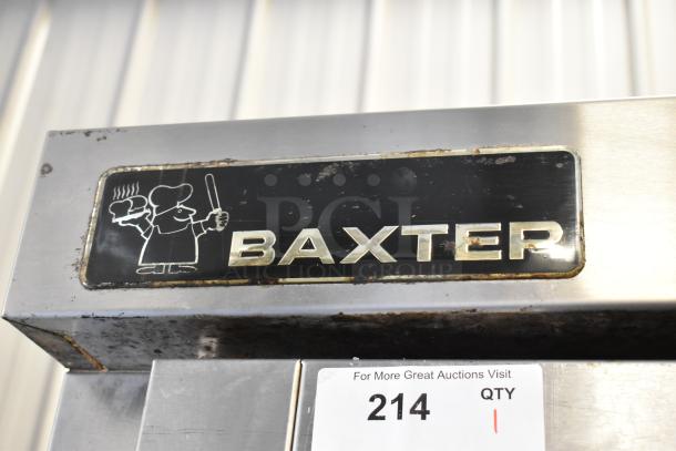 Baxter Stainless Steel Commercial Gas Mini Rotating Rack Oven with double pan rack, commercial casters, minor wear.