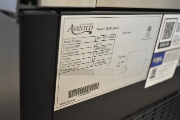 Avantco 193BCD48B metal commercial dry display case, 115V, 1 phase, 20W LED lamp, 14.1 cu ft, labels visible.