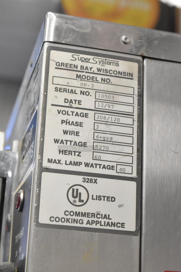 Stainless steel SuperSystems OP-3 electric oven proofer, 120/208V, 3-phase, with serial number and UL listing visible.
