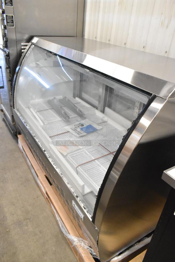 Brand new Avantco stainless steel deli display case, floor style, with broken glass on front panel, scratch and dent condition.