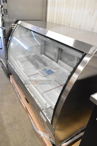 Brand new Avantco stainless steel deli display case, floor style, with broken glass on front panel, scratch and dent condition.