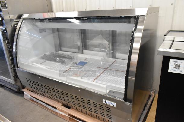 Avantco stainless steel deli display case, brand new, commercial floor style, with visible broken glass.
