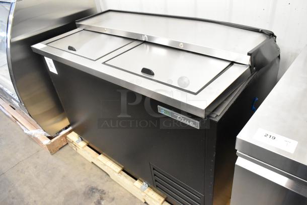 Brand new True TD-50-18-HC commercial cooler; metal, 2 sliding lids, 115V, 1 phase, scratch and dent condition.