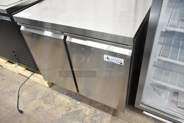 Avantco 178SSUC36RHC stainless steel commercial 2-door undercounter cooler, new with minor scratches, 115V, 1 Phase.