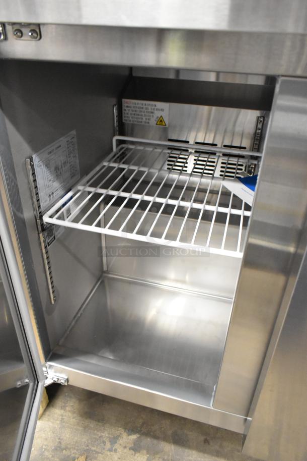 BRAND NEW Avantco 178SSUC36RHC stainless steel undercounter cooler, 2 door, interior view, 115V, 1 phase, minor scratches.