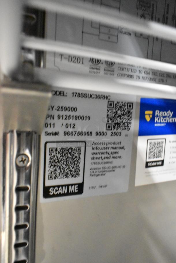Label showing Avantco model 178SSUC36RHC, commercial 2-door undercounter cooler; includes QR codes and product details.