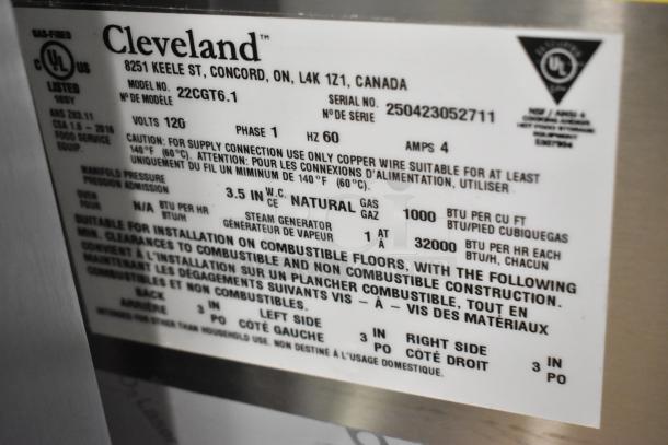 Cleveland 22CGT6.1 SteamChef steamer label, natural gas, 32,000 BTU, commercial use, showing specifications and manufacturer details.