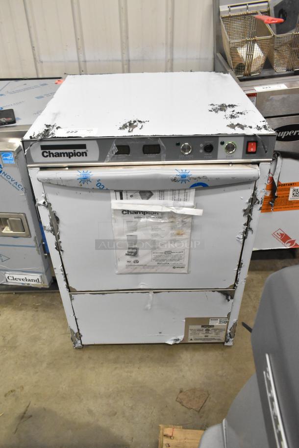 Brand new Champion UH130B-70 stainless steel high-temperature undercounter dishwasher, 208/240V, 1 phase, with visible dents.