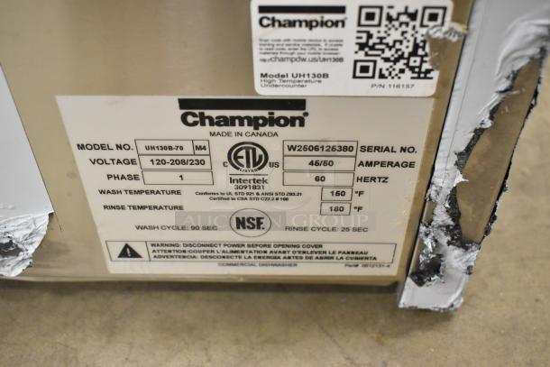 Brand new Champion UH130B-70 undercounter dishwasher, stainless steel, high-temp, 208/240V, 1-phase, scratch and dent condition.