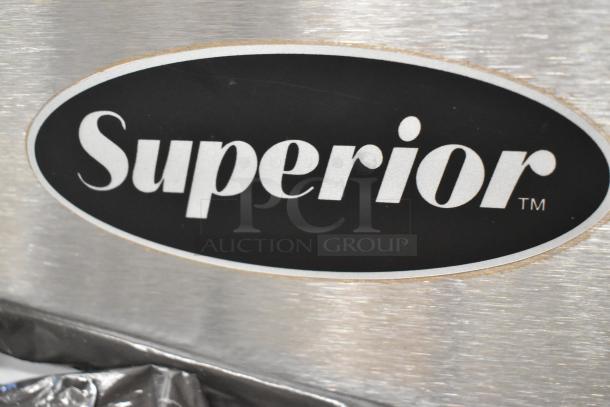 Brand new Superior LG300-6 deep fat fryer, stainless steel, propane gas, 90,000 BTU, with 2 metal fry baskets.