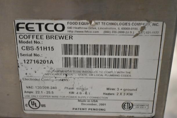 Fetco CBS-51H15 stainless steel commercial coffee machine label, 120/208-240V, 1 phase, serial no. 12716201A.