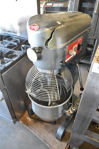Avantco MX40H 40 Quart Planetary Dough Mixer, with bowl, paddle, whisk, dough hook. Visible damage on top. 240V, 1 Phase.