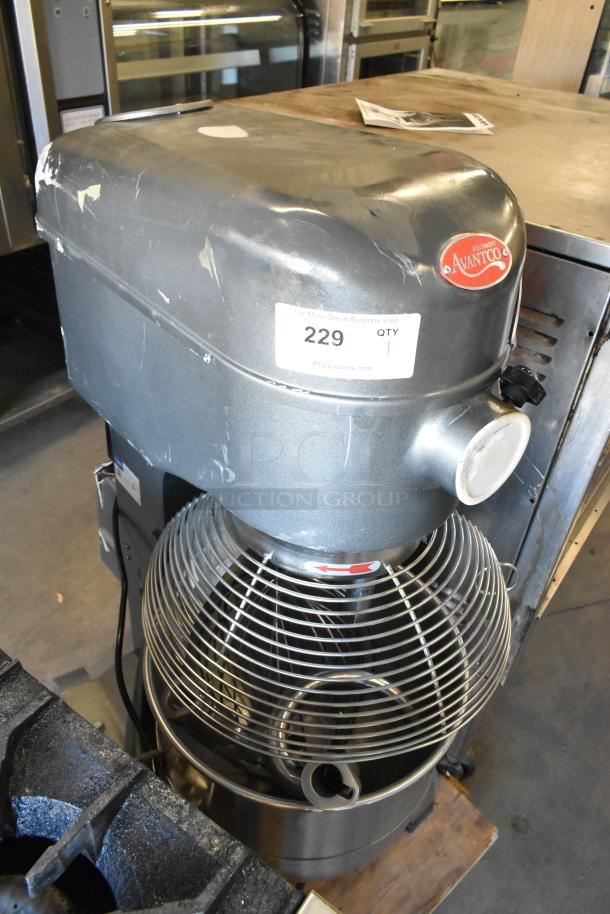 Avantco MX40H commercial 40-quart planetary dough mixer with metal mixing bowl, bowl guard, paddle, whisk, and dough hook. 240V, 1 phase.