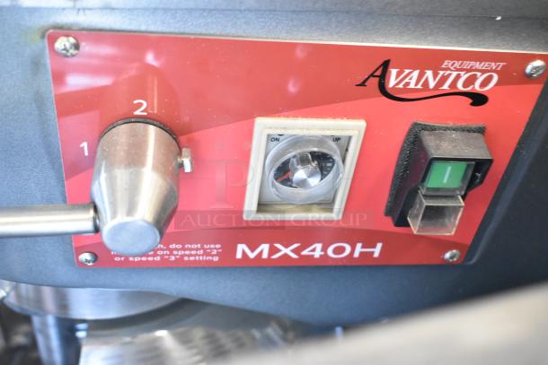 Avantco MX40H commercial dough mixer control panel with speed settings and labels, featuring a red backdrop and Avantco branding.